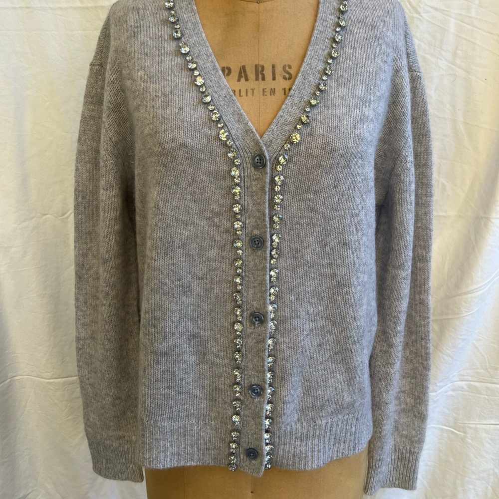 Charter Club Luxury Ice Grey Cashmere Button Up Sweater With Rhinestone Detail
